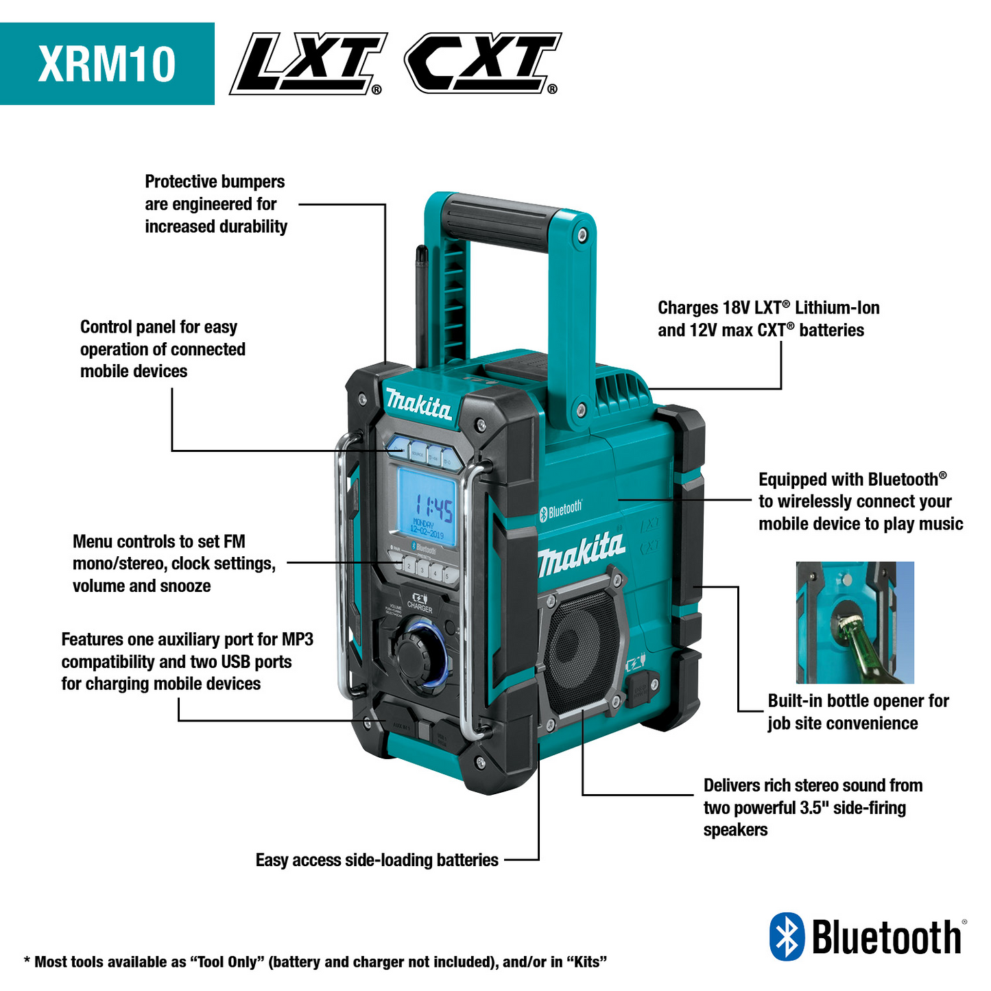 Makita XRM10 18V Lxt® / 12V Max Cxt® Lithiumion Cordless Bluetooth® Job Site Charger / Radio, Tool Only