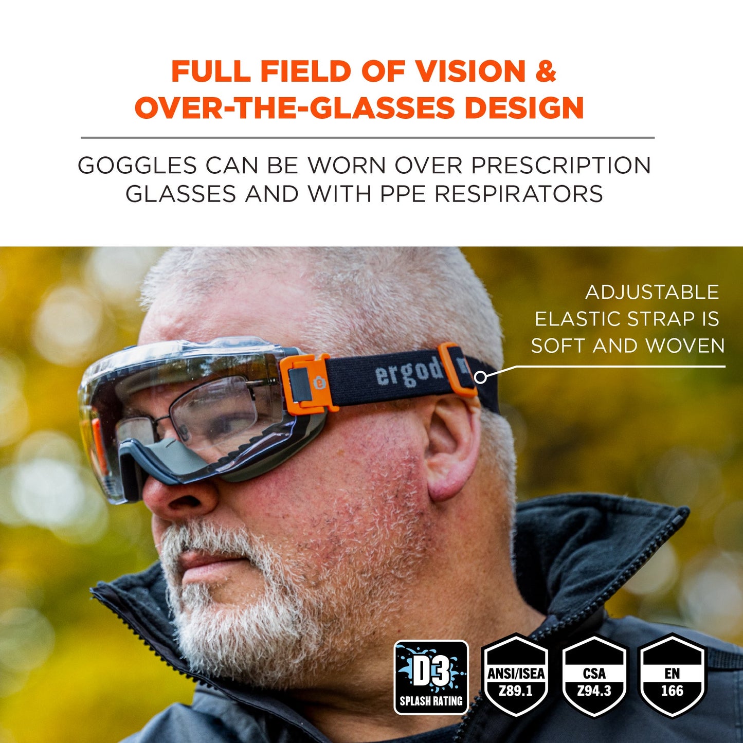 Ergodyne 60300 Skullerz MODI OTG Anti-Scratch & Anti-Fog Safety Goggles with Elastic Strap