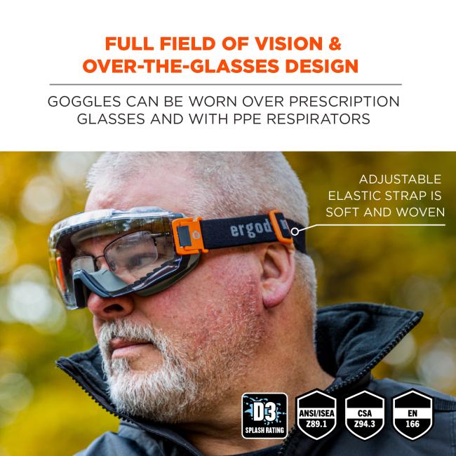Ergodyne 60301 Skullerz MODI OTG Anti-Scratch & Anti-Fog Safety Goggles with Elastic Strap