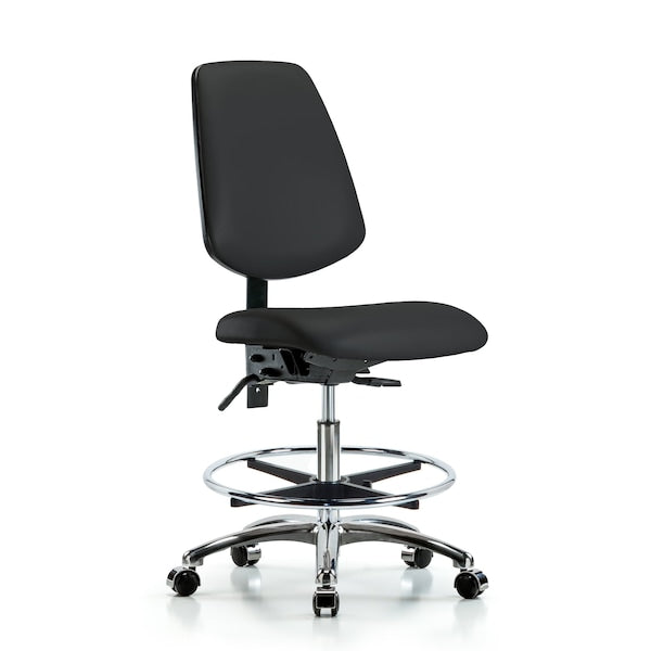 Blue Ridge Ergonomics VMBCH-MB-CR-T1-A0-CF-CC-8540 Rutledge Vinyl Chair Chrome - Medium Bench Height with Medium Back, Seat Tilt, Chrome Foot Ring, & Casters in Black Trailblazer™ Vinyl