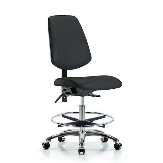Blue Ridge Ergonomics VMBCH-MB-CR-T1-A0-CF-CC-8540 Rutledge Vinyl Chair Chrome - Medium Bench Height with Medium Back, Seat Tilt, Chrome Foot Ring, & Casters in Black Trailblazer™ Vinyl