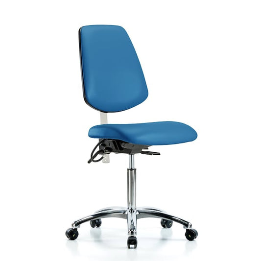 Blue Ridge Ergonomics NECR-VMBCH-MB-CR-T1-A0-NF-EC-ESDBLU Class 100 Vinyl Clean Room/ESD Chair - Medium Bench Height with Medium Back, Seat Tilt, & ESD Casters in Blue ESD Vinyl