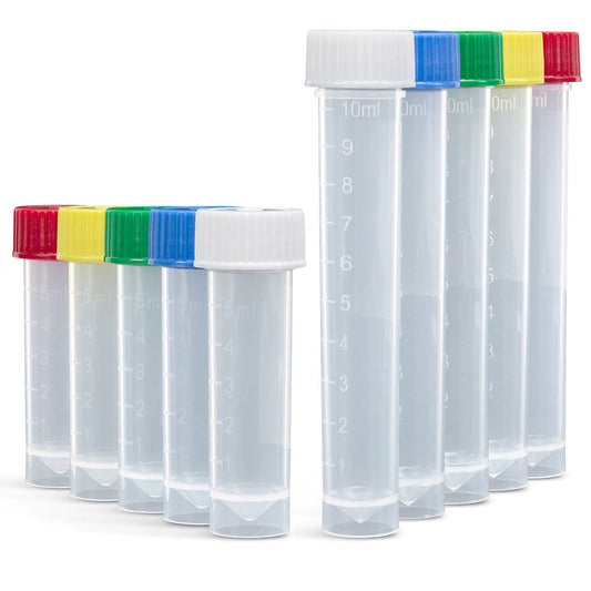 Globe Scientific 6102S Transport Tube 10mL with Attached White Screw Cap STERILE PP Round Bottom Self-Standing 25/Bag 20 Bags/Case