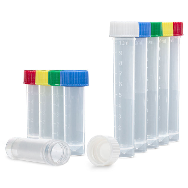 Globe Scientific 6102S Transport Tube 10mL with Attached White Screw Cap STERILE PP Round Bottom Self-Standing 25/Bag 20 Bags/Case