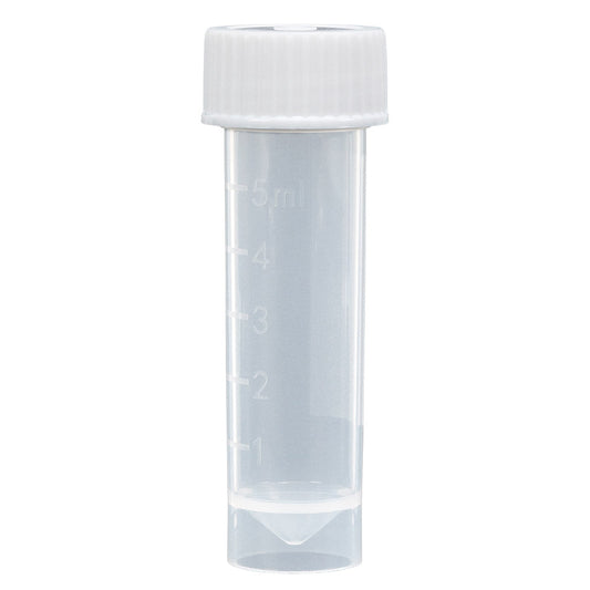 Globe Scientific 6101C Transport Tube 5mL with Attached White Screw Cap PP Conical Bottom Self-Standing Molded Graduations