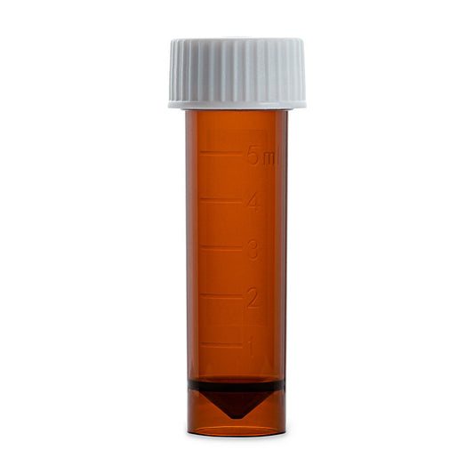 Globe Scientific 6101AM Transport Tube 5mL with Separate Screw Cap AMBER PP Conical Bottom Self-Standing Molded Graduations