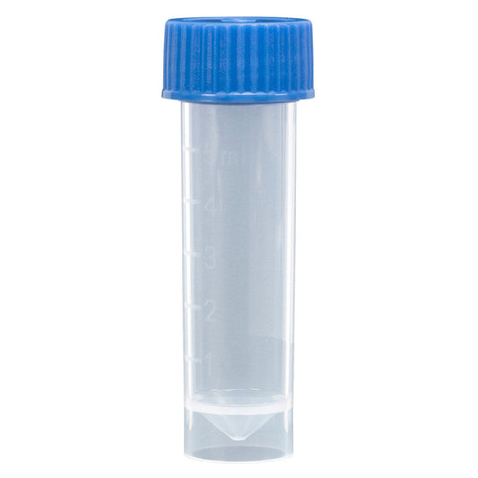 Globe Scientific 6101B Transport Tube 5mL with Separate Blue Screw Cap PP Conical Bottom Self-Standing Molded Graduations