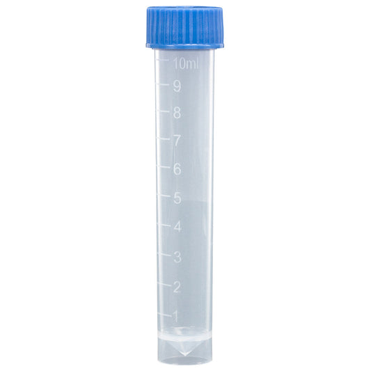 Globe Scientific 6102B Transport Tube 10mL with Separate Blue Screw Cap PP Conical Bottom Self-Standing Molded Graduations