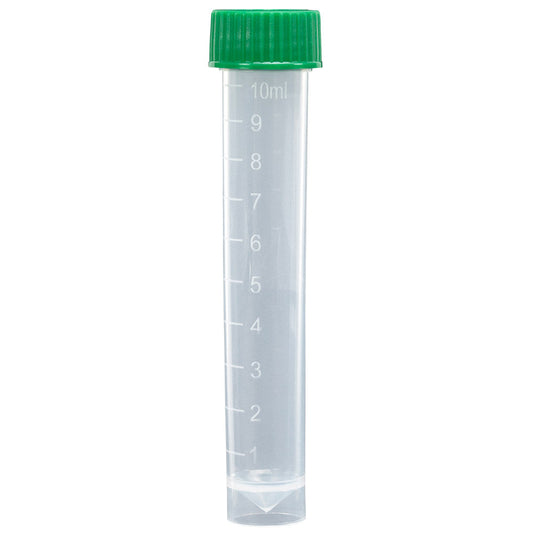 Globe Scientific 6102G Transport Tube 10mL with Separate Green Screw Cap PP Conical Bottom Self-Standing Molded Graduations