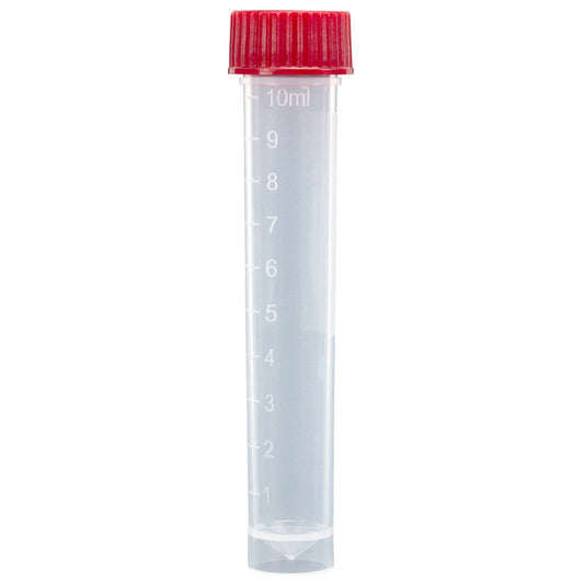 Globe Scientific 6102R Transport Tube 10mL with Separate Red Screw Cap PP Conical Bottom Self-Standing Molded Graduations