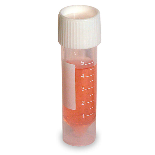 Globe Scientific 6104SP Transport Tube 5mL 16 x 60mm with Attached White Screw Cap PP Conical Bottom Self-Standing Sterile Printed Graduations 25/Bag
