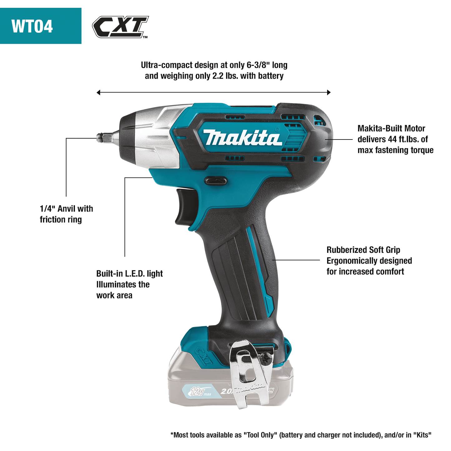 Makita WT04Z 12V max CXT® Lithium‘Ion Cordless 1/4" Impact Wrench, Tool Only