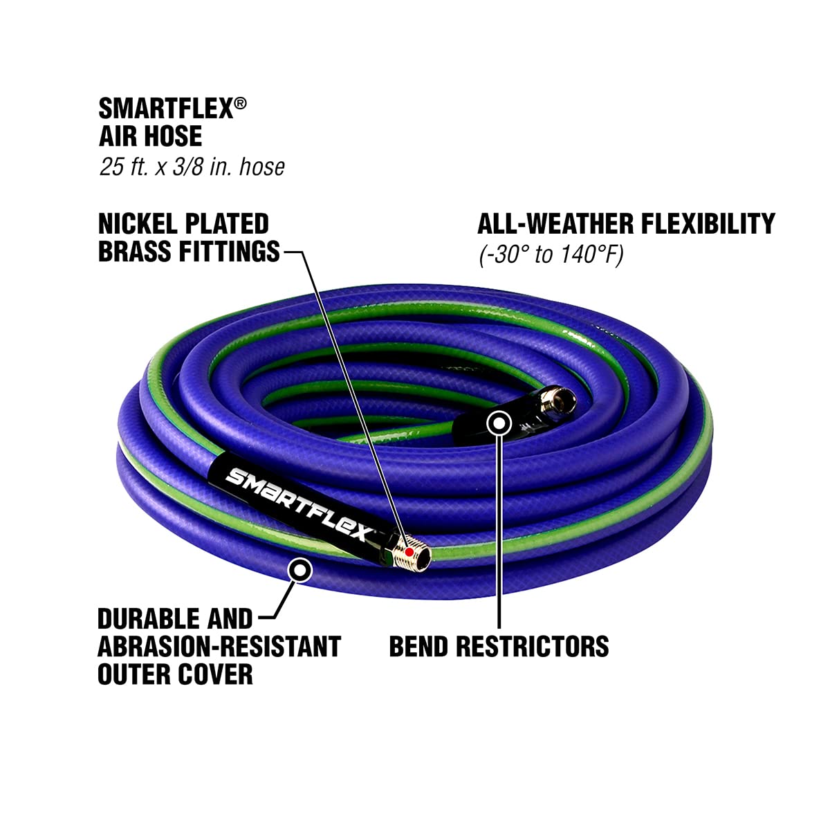 SmartFlex HSF3825BL2 Air Hose, 3/8" x 25', 1/4" MNPT Fittings