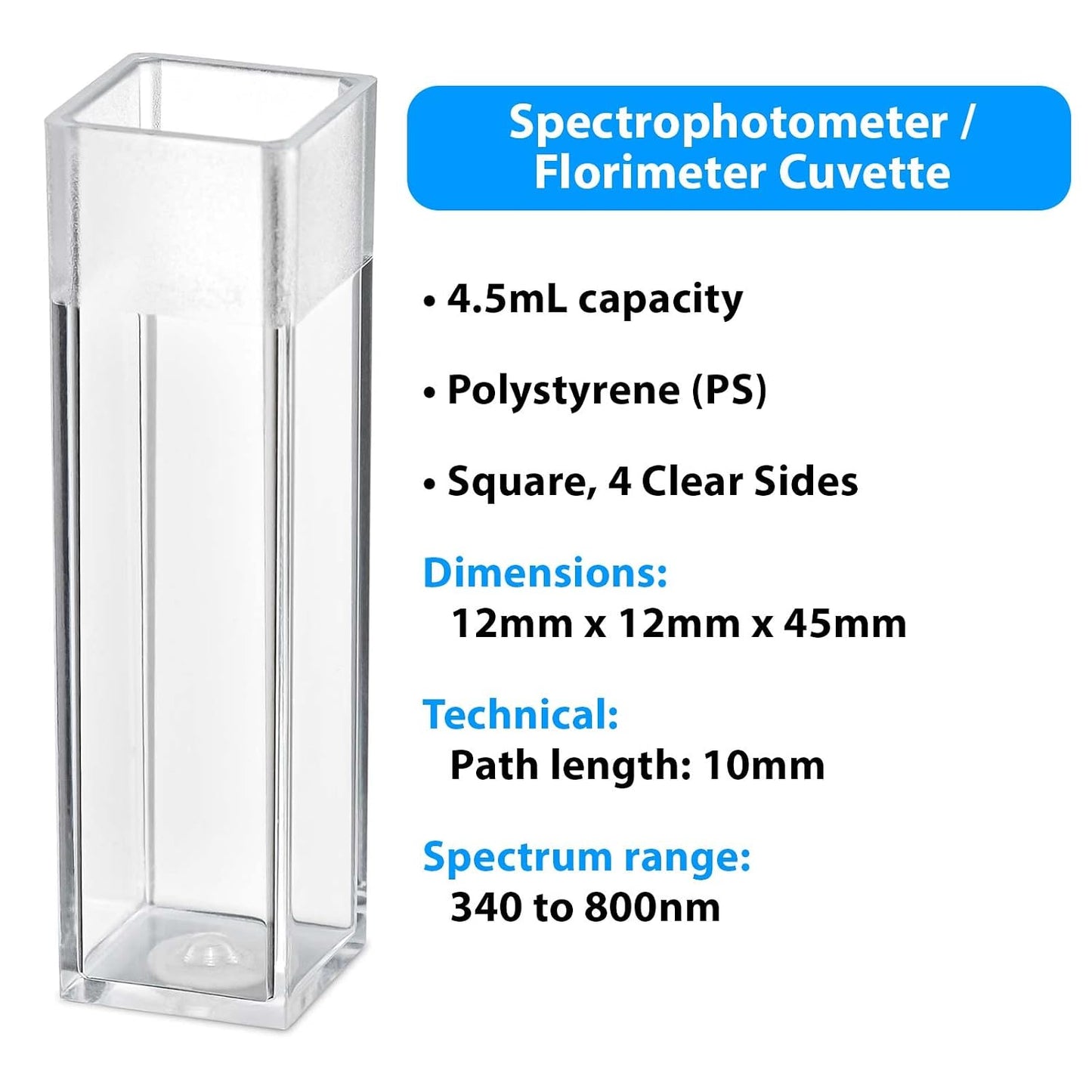 Globe Scientific 111137 Cuvette Spectrophotometer Square 4.5mL (10mm) PS 4 Clear Sides 100/Tray 5 Trays/Unit