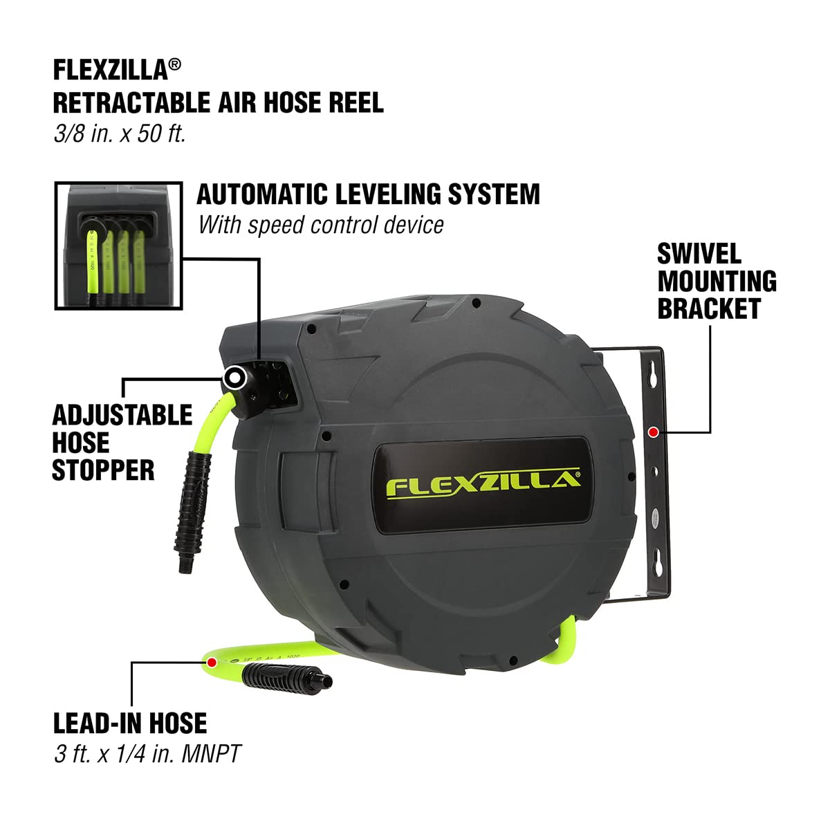 FlexZilla L8232FZ Enclosed Plastic Retractable Air Hose Reel, 3/8" x 30'