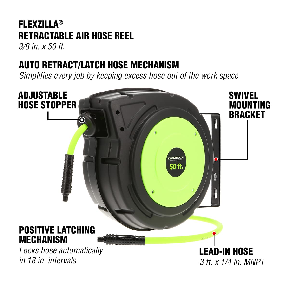 FlexZilla L8250FZ Enclosed Plastic Retractable Air Hose Reel, 3/8" x 50'