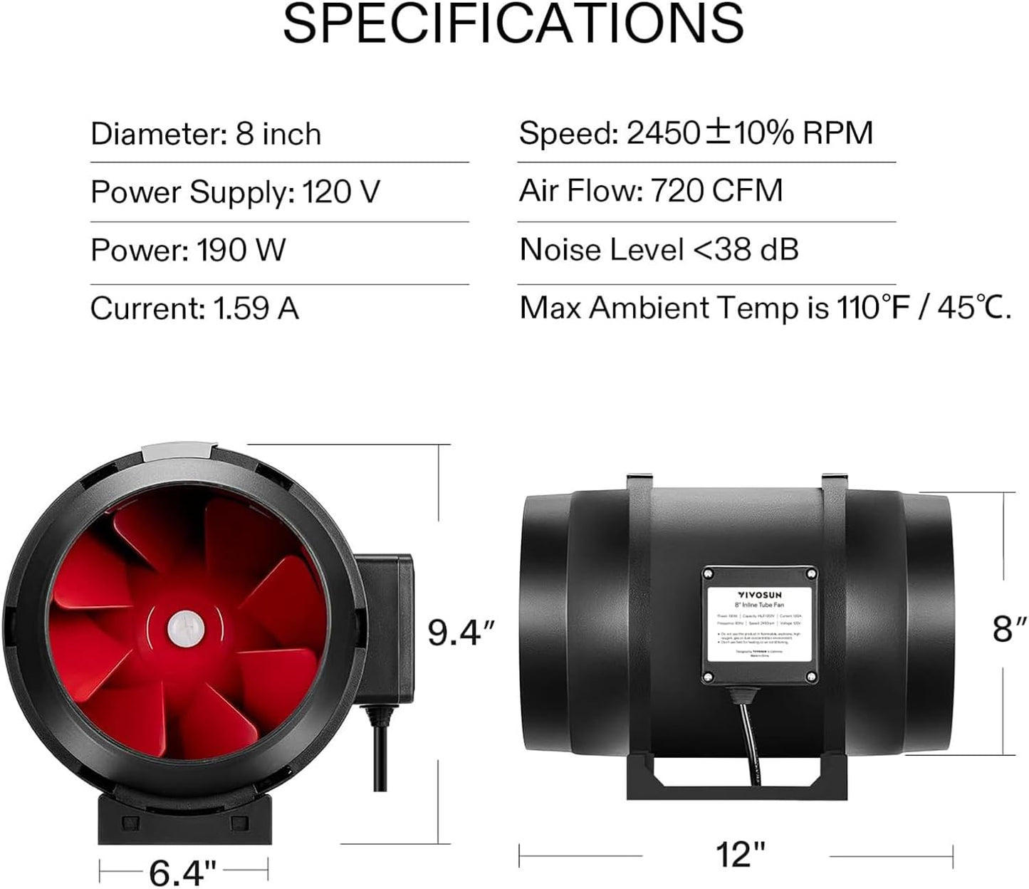 Vivosun Air Filtration Kit R8 8', Inline Fan R8 with Variable Speed Controller, Carbon Filter & Ducting Combo