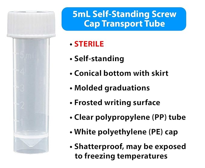 Globe Scientific 6101S Transport Tube 5mL with Attached White Screw Cap STERILE PP Conical Bottom Self-Standing Molded Graduations 25/Bag