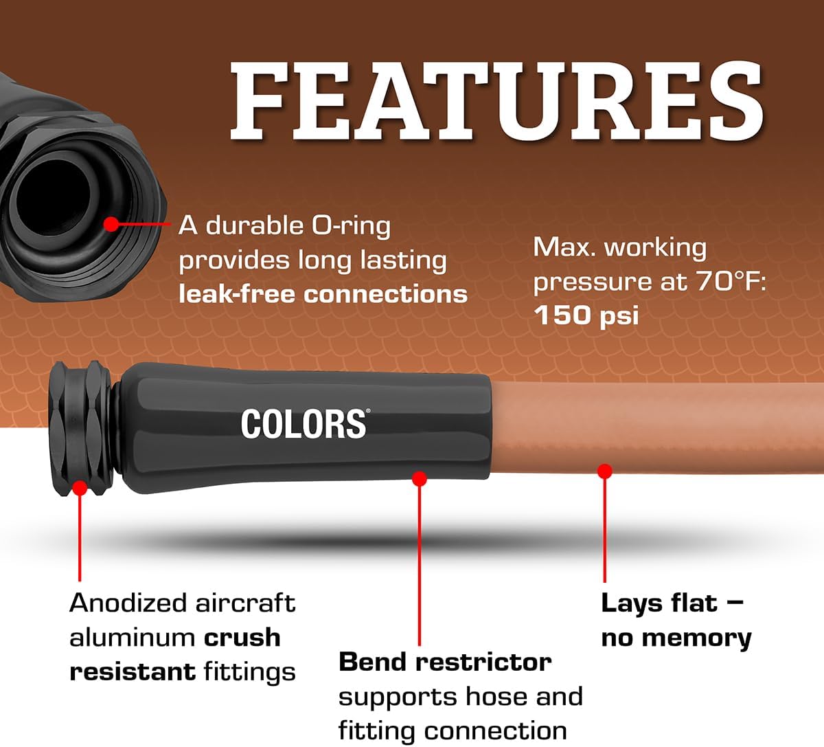Colors HFZC525TC-E Std Grip Garden Hose 5/8" x 25' 3/4" - 11 1/2 GHT Fittings, Red Clay