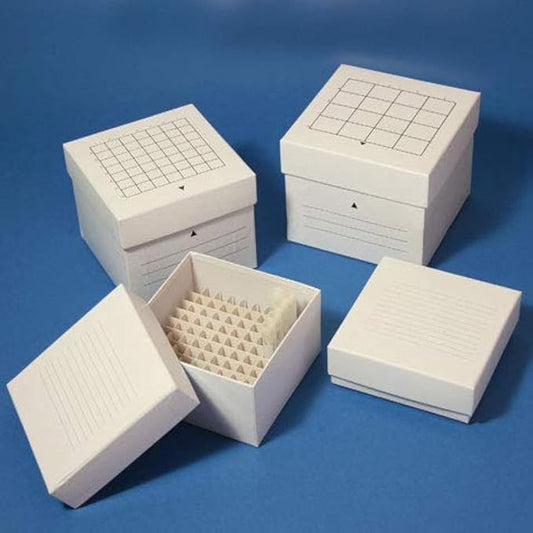Globe Scientific 3094Y Freezing Box 3" Cardboard 64-Place (8x8 format) fits 3.0mL 4.0mL and 5.0mL CryoCLEAR vials Yellow