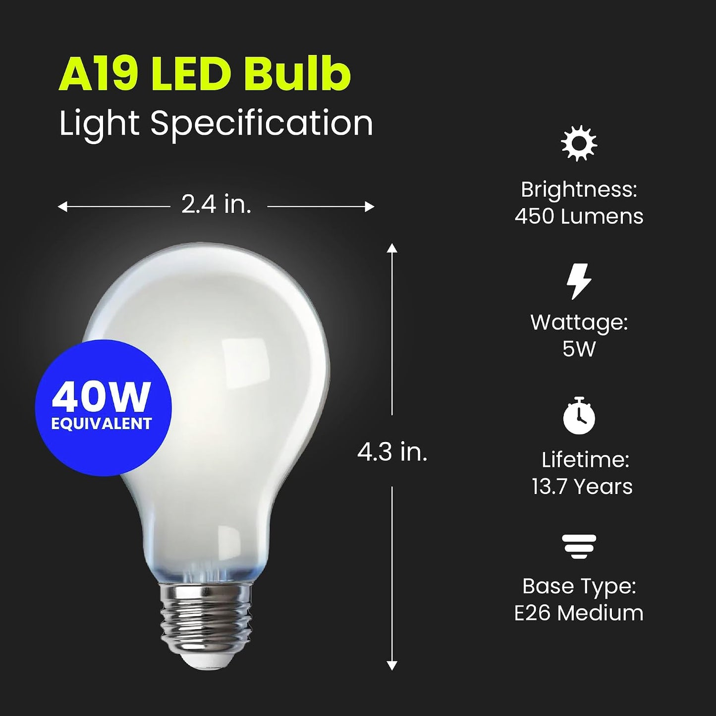 Feit Electric A1940/927CA/FIL/4/GB 5W (40W Replacement) Soft White (2700K) A19 Medium E26 Base Enhance Dimmable General Purpose LED Light Bulb (4-Pack)