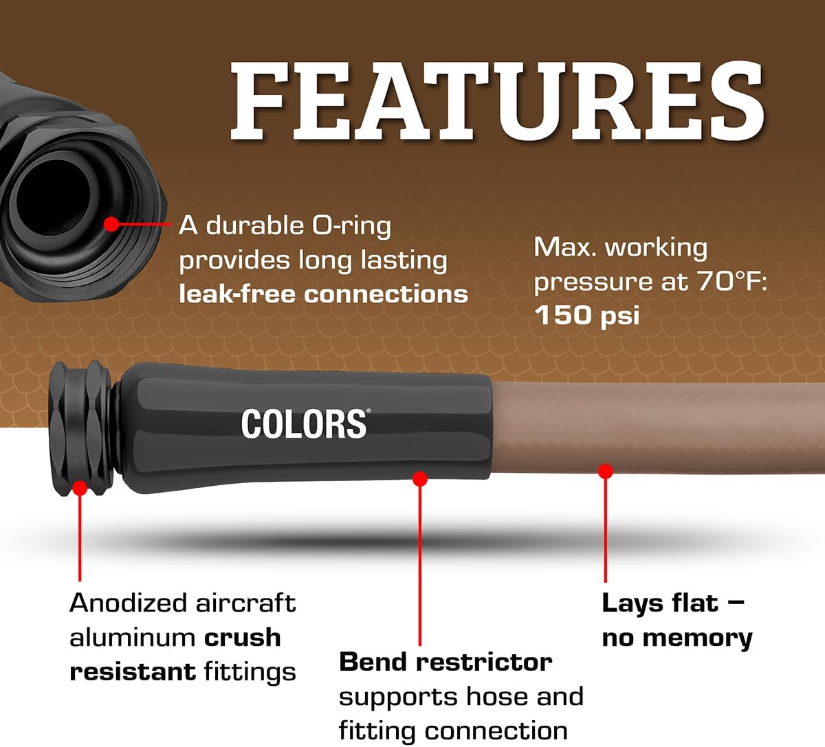 Colors HFZC510BR-E Std Grip Garden Hose 5/8" x 10' 3/4" - 11 1/2 GHT Fittings, Brown Mulch