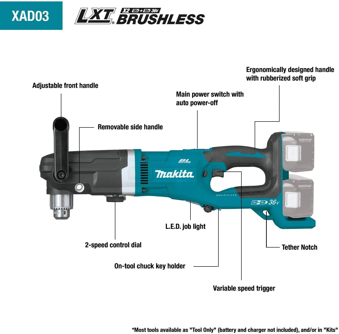 Makita XAD03Z 36V (18V X2) LXT® Brushless 1/2" Right Angle Drill, Tool Only