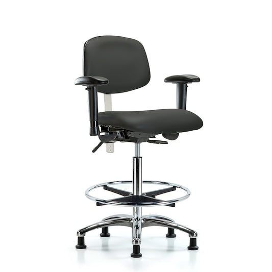 Blue Ridge Ergonomics NCR-VHBCH-CR-T0-A1-CF-RG-8605 Class 100 Vinyl Clean Room Chair - High Bench Height with Adjustable Arms, Chrome Foot Ring, & Stationary Glides in Charcoal Trailblazer™ Vinyl