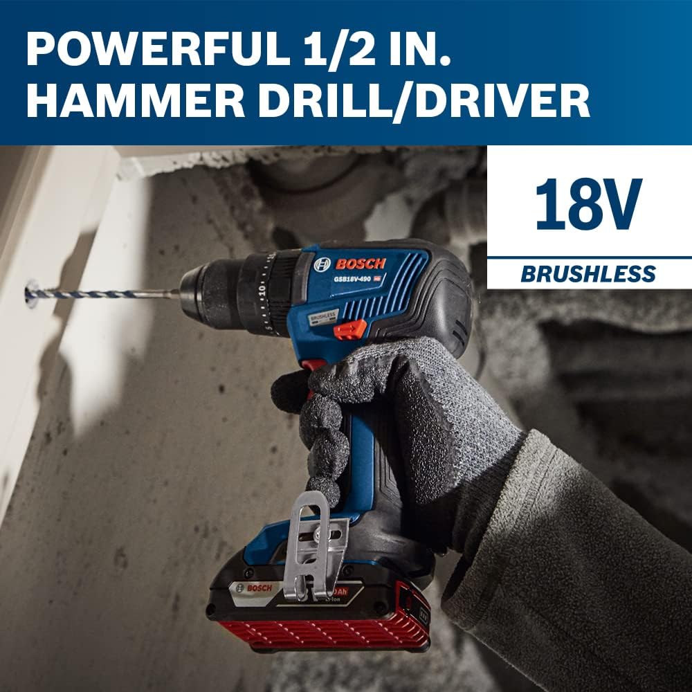 Bosch GSB18V-490B12 18V Ec Brushless 1/2 In. Hammer Drill/Driver Kit With (1) 2.0 Ah Slimpack Battery