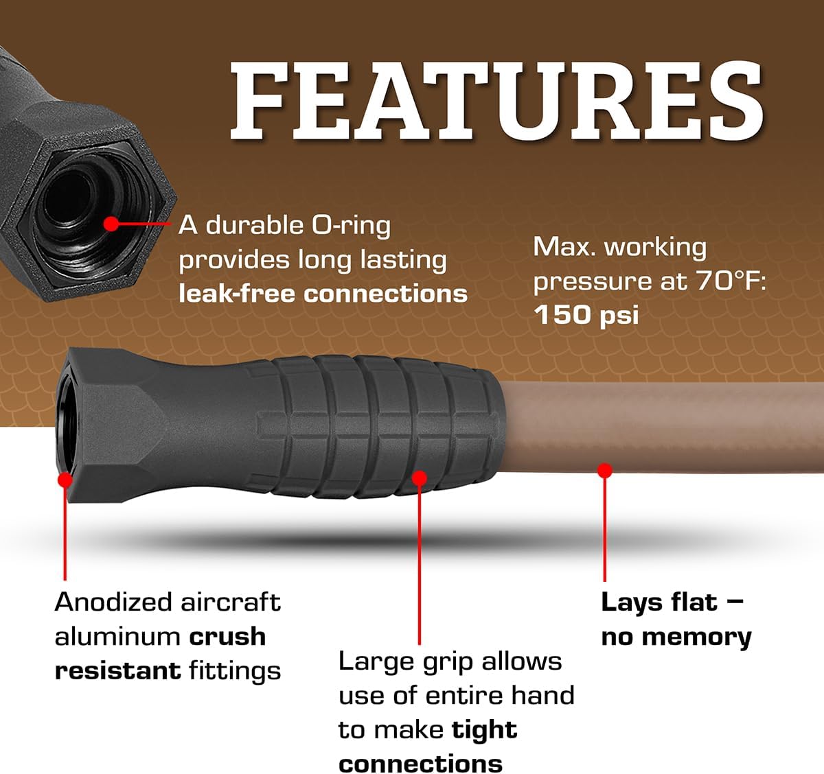 Colors HFZC525BRS-E SwivelGrip® Garden Hose, 5/8" x 25', 3/4" - 11 1/2 GHT Fittings, Brown Mulch