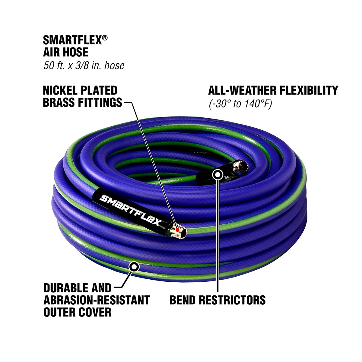 SmartFlex HSF3850BL2 Air Hose, 3/8" x 50', 1/4" MNPT Fittings