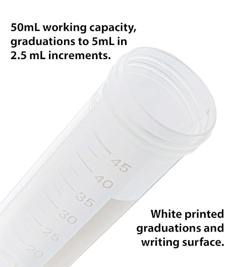 Globe Scientific 6256 Transport Tube 50mL with Attached Red Screw Cap PP Printed Graduations Conical Bottom Self-Standing STERILE 25/Bag 20 Bags/Unit