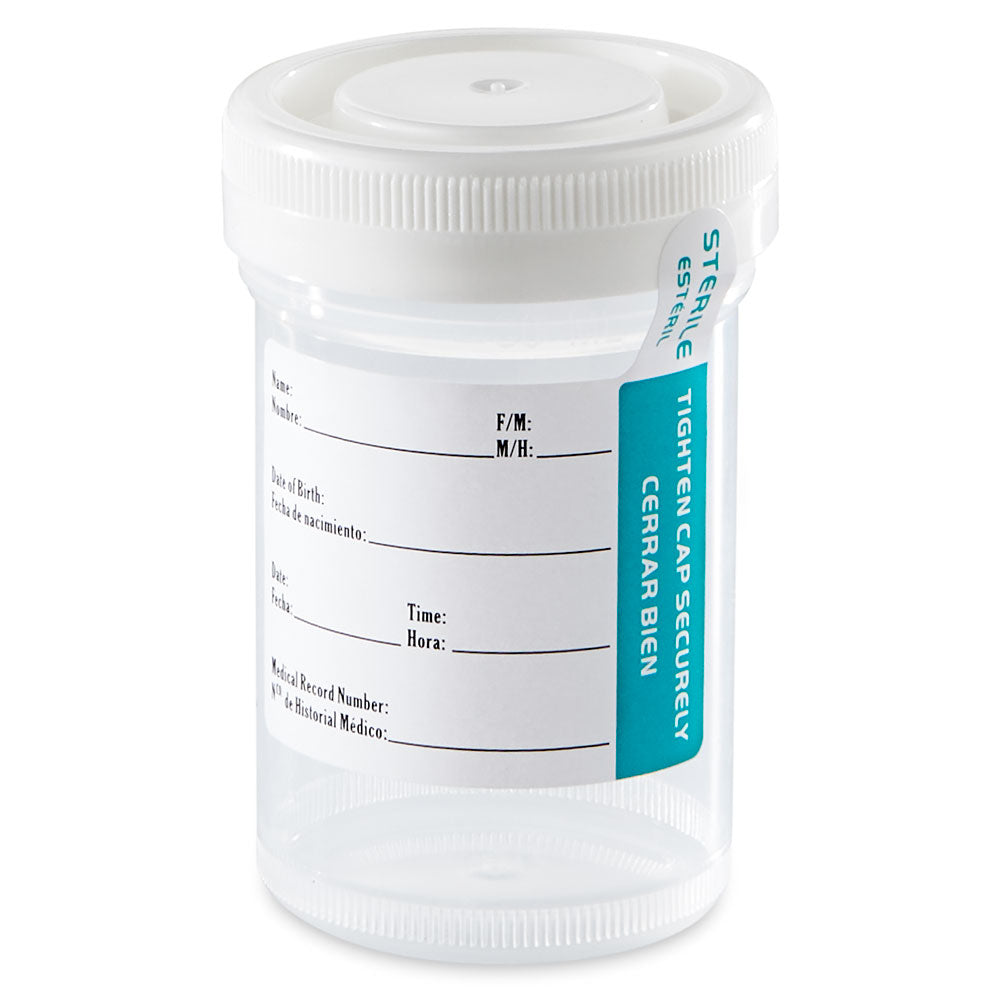 Globe Scientific 6220 Tite-Rite Container 90mL (3oz) with Attached White Screw Cap and ID Label Graduated STERILE