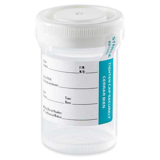 Globe Scientific 6220 Tite-Rite Container 90mL (3oz) with Attached White Screw Cap and ID Label Graduated STERILE