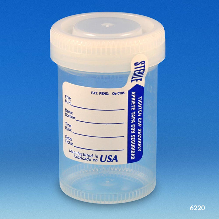 Globe Scientific 6526 Container Tite-Rite Wide Mouth 90mL (3oz) PP STERILE Attached White Screw Cap ID Label with Tab Seal Graduated