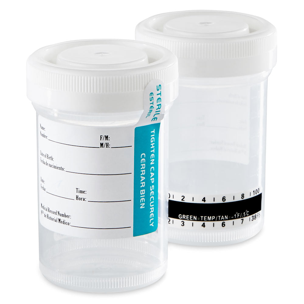 Globe Scientific 6238 Drug Test Container 90mL with Attached White Screwcap STERILE Tab-Seal Patient ID Label & Thermometer Strip PP