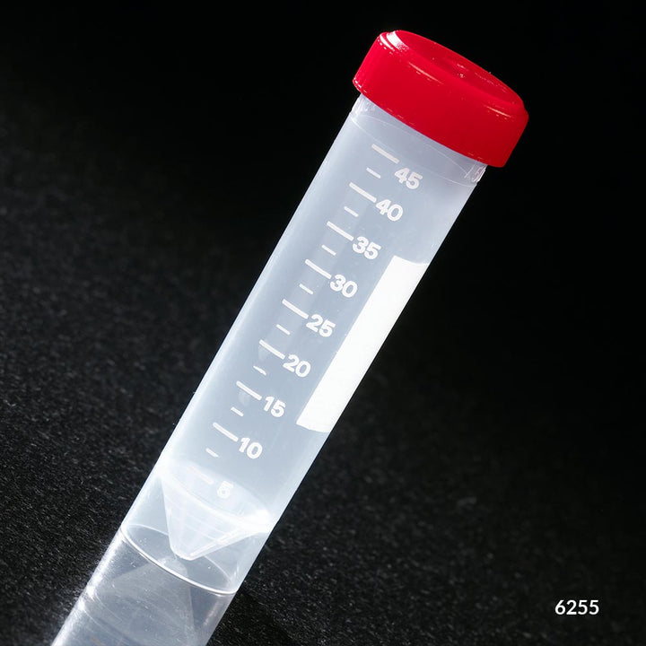 Globe Scientific 6255 Transport Tube 50mL with Separate Red Screw Cap PP Printed Graduations Conical Bottom Self-Standing
