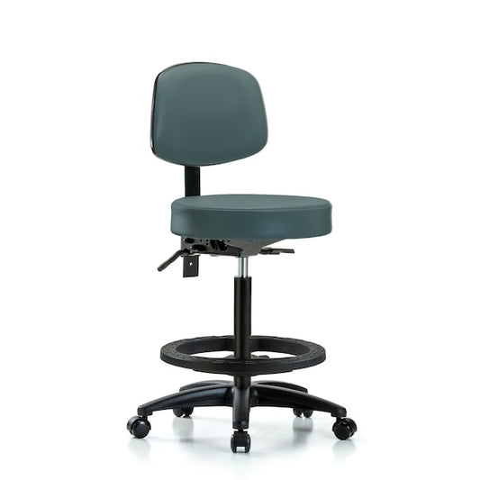 Blue Ridge Ergonomics VHBST-RG-T0-BF-RG-8546 Rutledge Vinyl Stool with Back - High Bench Height with Black Foot Ring & Stationary Glides in Colonial Blue Trailblazer™ Vinyl