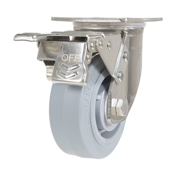 Vestil CST-E-SS-5X2TPR-SWTB Thermoplastic Rubber Swivel With Total Brake Caster 5 In. Diameter x 2 In. Width 500 lb Gray