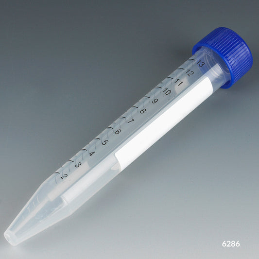 Globe Scientific 6286 Centrifuge Tube 15mL Attached Blue Flat Top Screw Cap PP Printed Graduations STERILE 50/Rack 10 Racks/Unit