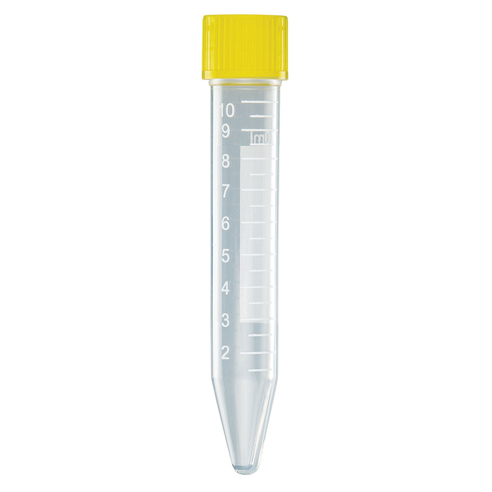 Globe Scientific 6293 Centrifuge Tube 10mL with Attached Yellow PP Screw Cap PP Printed Graduations STERILE 100/Bag 10 Bags/Unit