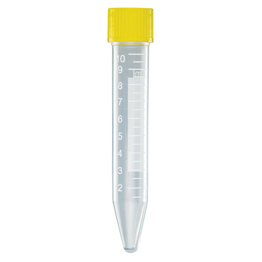 Globe Scientific 6293 Centrifuge Tube 10mL with Attached Yellow PP Screw Cap PP Printed Graduations STERILE 100/Bag 10 Bags/Unit