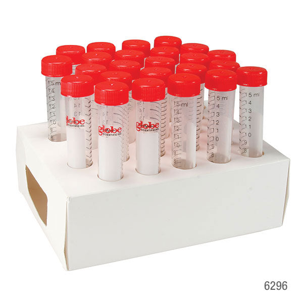 Globe Scientific 6296 Diamond MAX Centrifuge Tube 15mL Attached Red Flat Top Screw Cap PP Printed Graduations STERILE Certified 25/Cardboard Rack 20 Racks/Unit