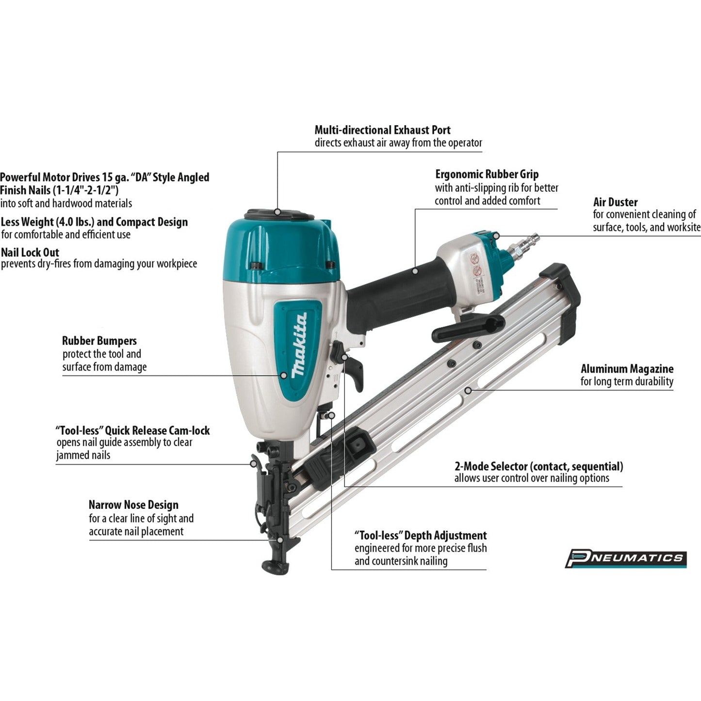 Makita AF635 15 Gauge, 2‘1/2" Angled Finish Nailer, 34°