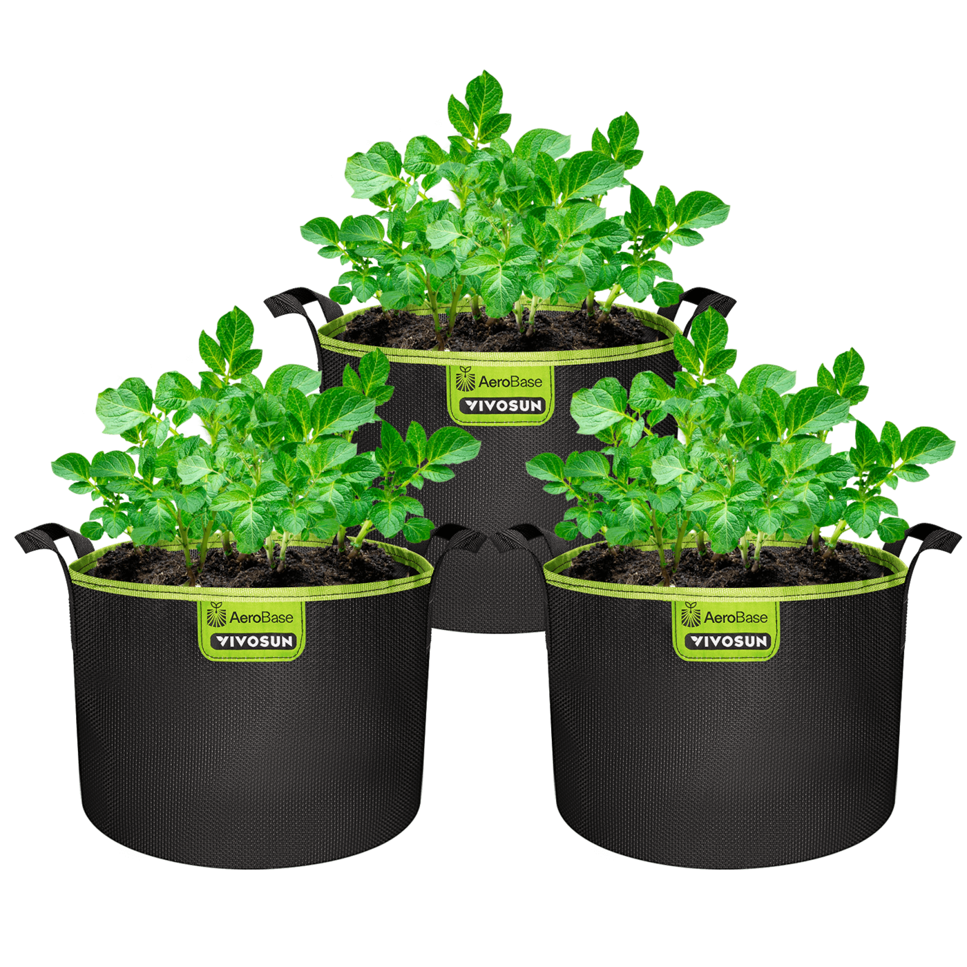 Vivosun 3-Pack 5-Gallon AeroBase Grow Bags, Durable Mesh Fabric Plant Container with Breathable Base and Sturdy Handles, Black