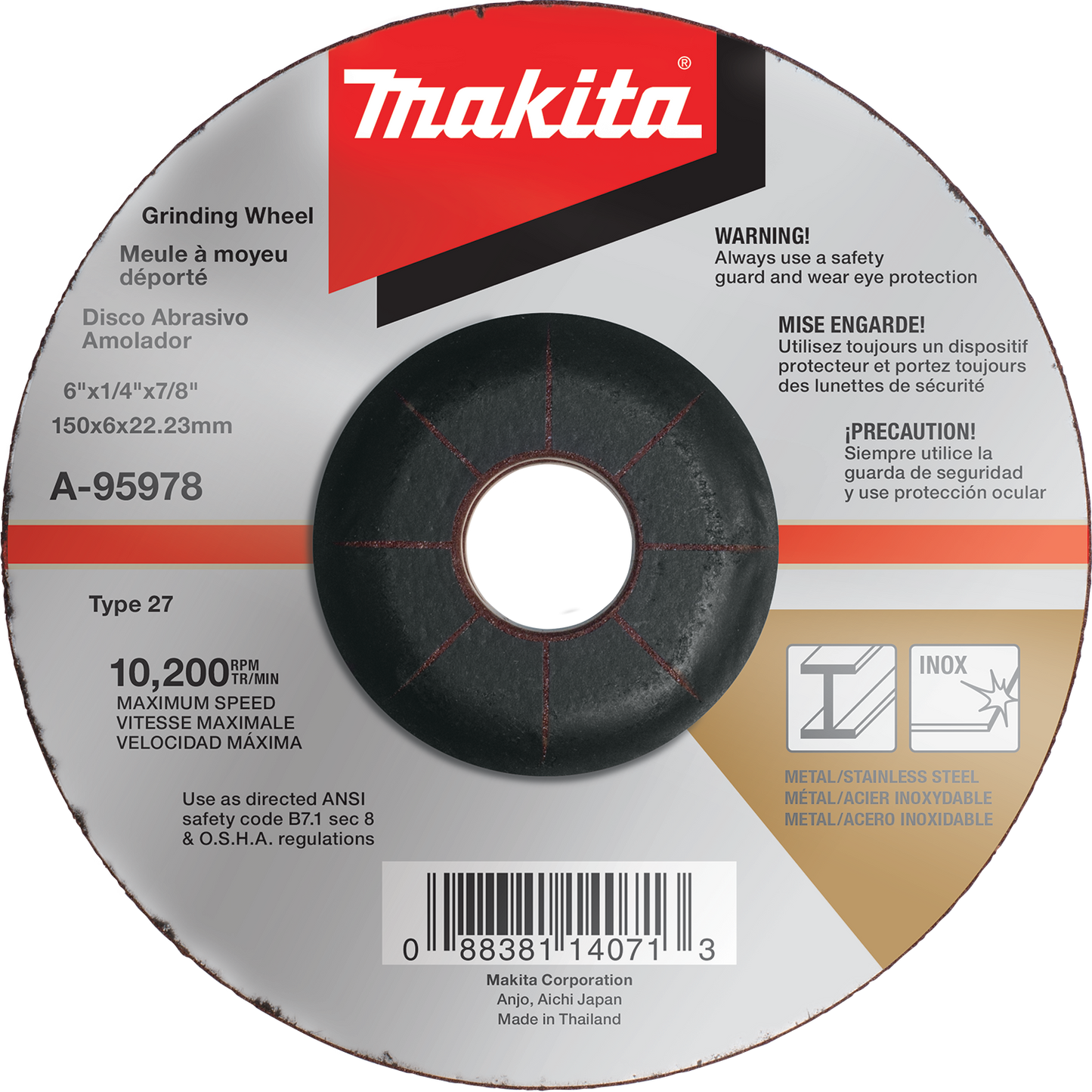 Makita A-95978 6" x 1/4" x 7/8" INOX Grinding Wheel, 36 Grit