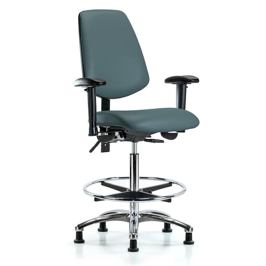 Blue Ridge Ergonomics VHBCH-MB-CR-T0-A1-CF-RG-8546 Rutledge Vinyl Chair Chrome - High Bench Height with Medium Back, Adjustable Arms, Chrome Foot Ring, & Stationary Glides in Colonial Blue Trailblazer™ Vinyl
