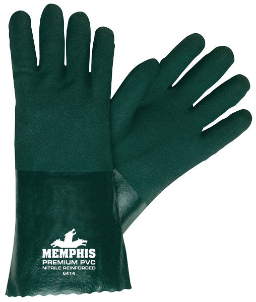 MCR Safety 6414 Premium PVC Coated Work Gloves Double Dipped with Sandy Green PVC Nitrile Reinforced Soft Jersey Lining 14 Inch Length (1 DZ)