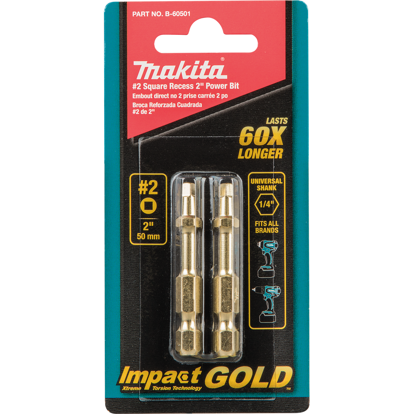 Makita B-60501 Impact GOLD® #2 Square Recess 2³ Power Bit, 2/pk