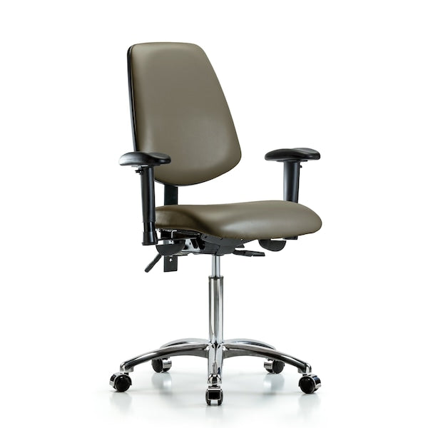 Blue Ridge Ergonomics VMBCH-MB-CR-T0-A1-NF-CC-8809 Rutledge Vinyl Chair Chrome - Medium Bench Height with Medium Back, Adjustable Arms, & Casters in Taupe Supernova™ Vinyl